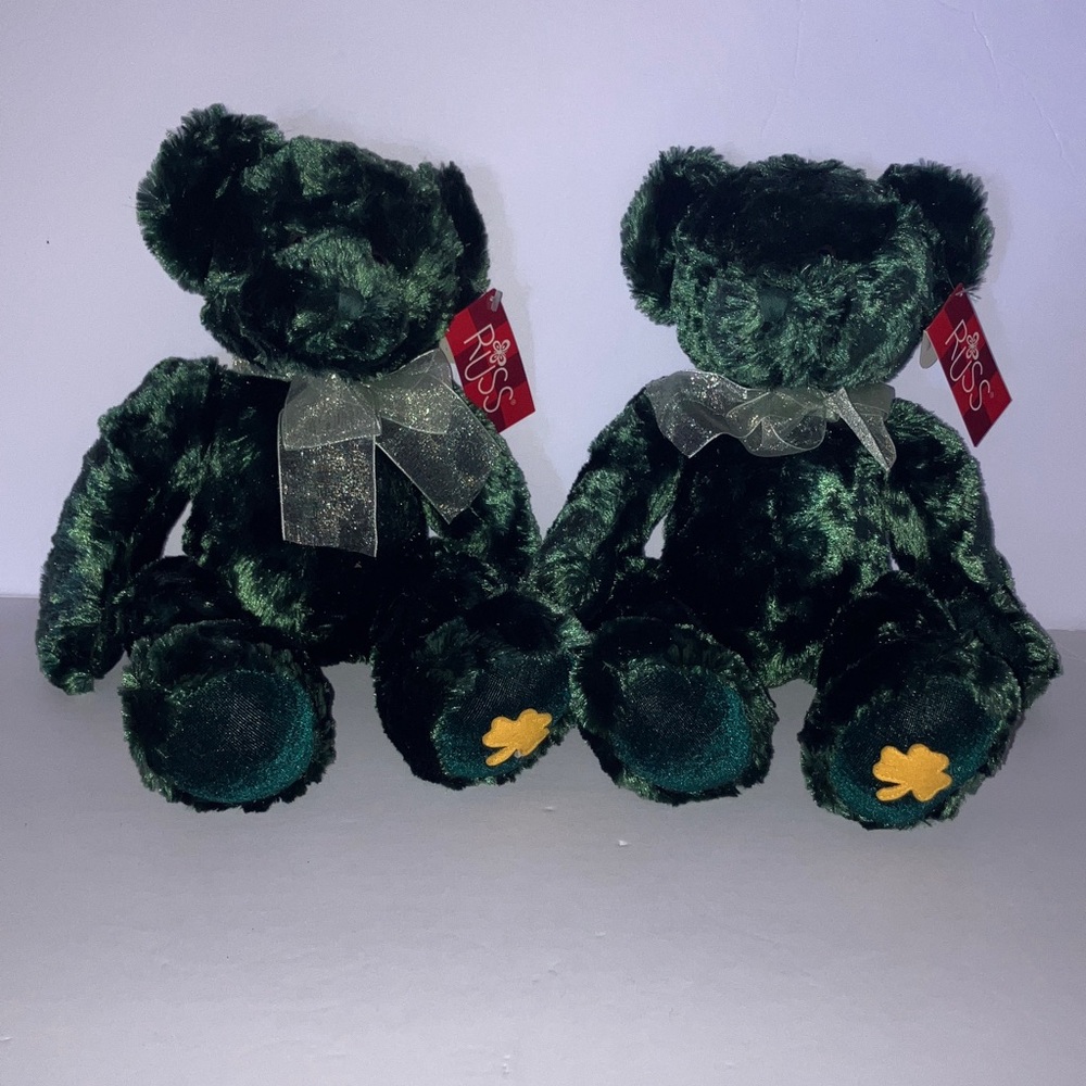 Russ Blarney Soft‎ Plush Green Teddy Bears with Bows Set of Two 13”